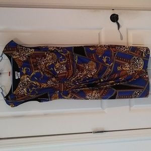 EUC dress barn mock wrap dress sleeveless blue gold red black size 16